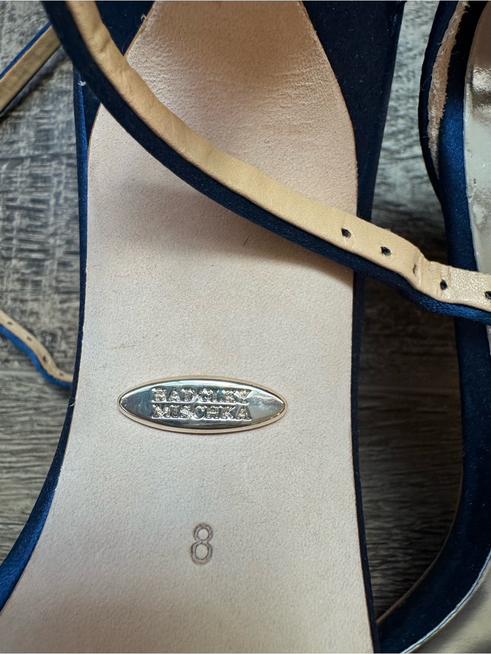 Badgley Mischka Navy Satin Gem-Embellished Open-Toe Heels - Picture 5 of 5